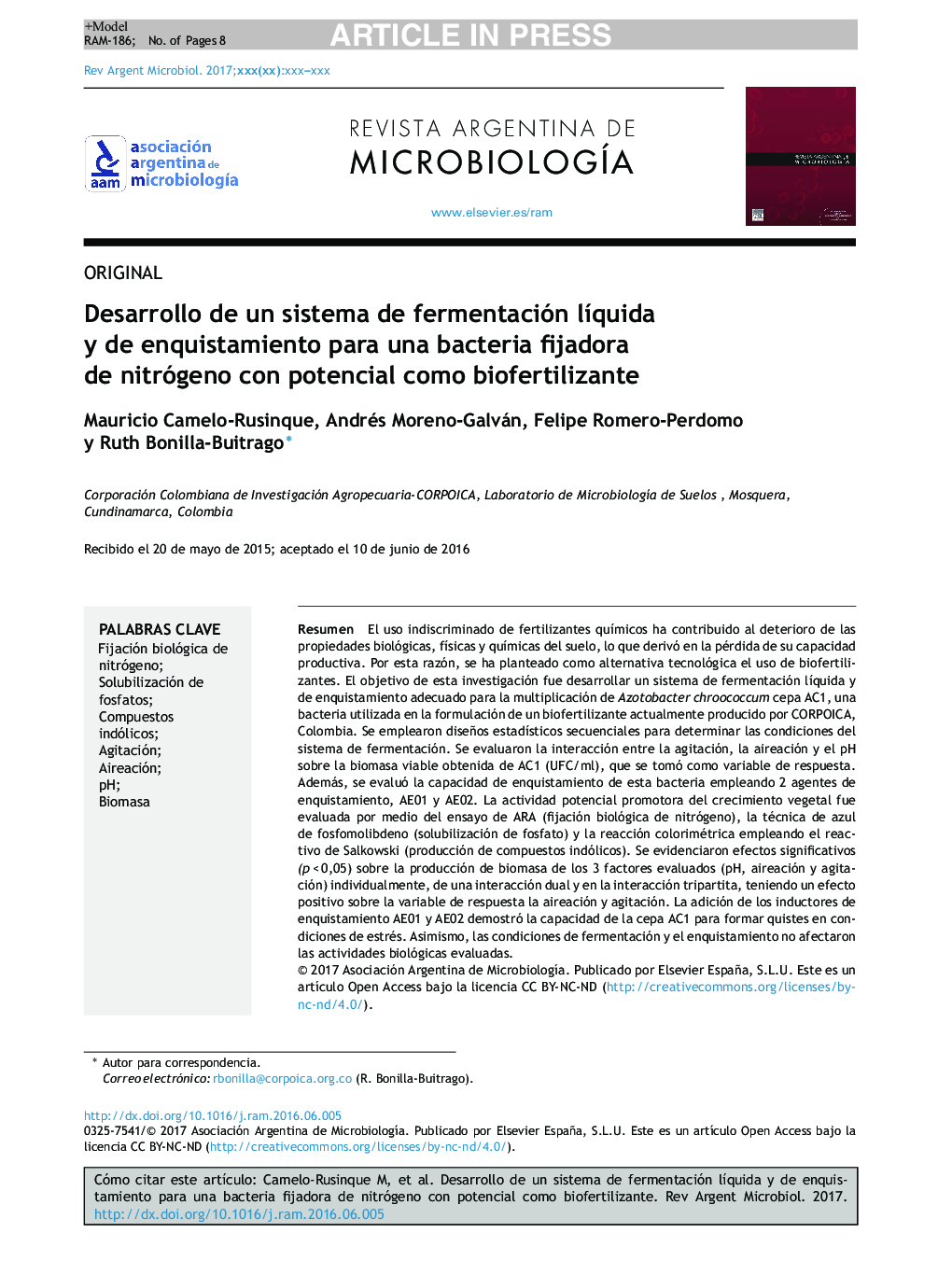 Desarrollo de un sistema de fermentación lÃ­quida y de enquistamiento para una bacteria fijadora de nitrógeno con potencial como biofertilizante