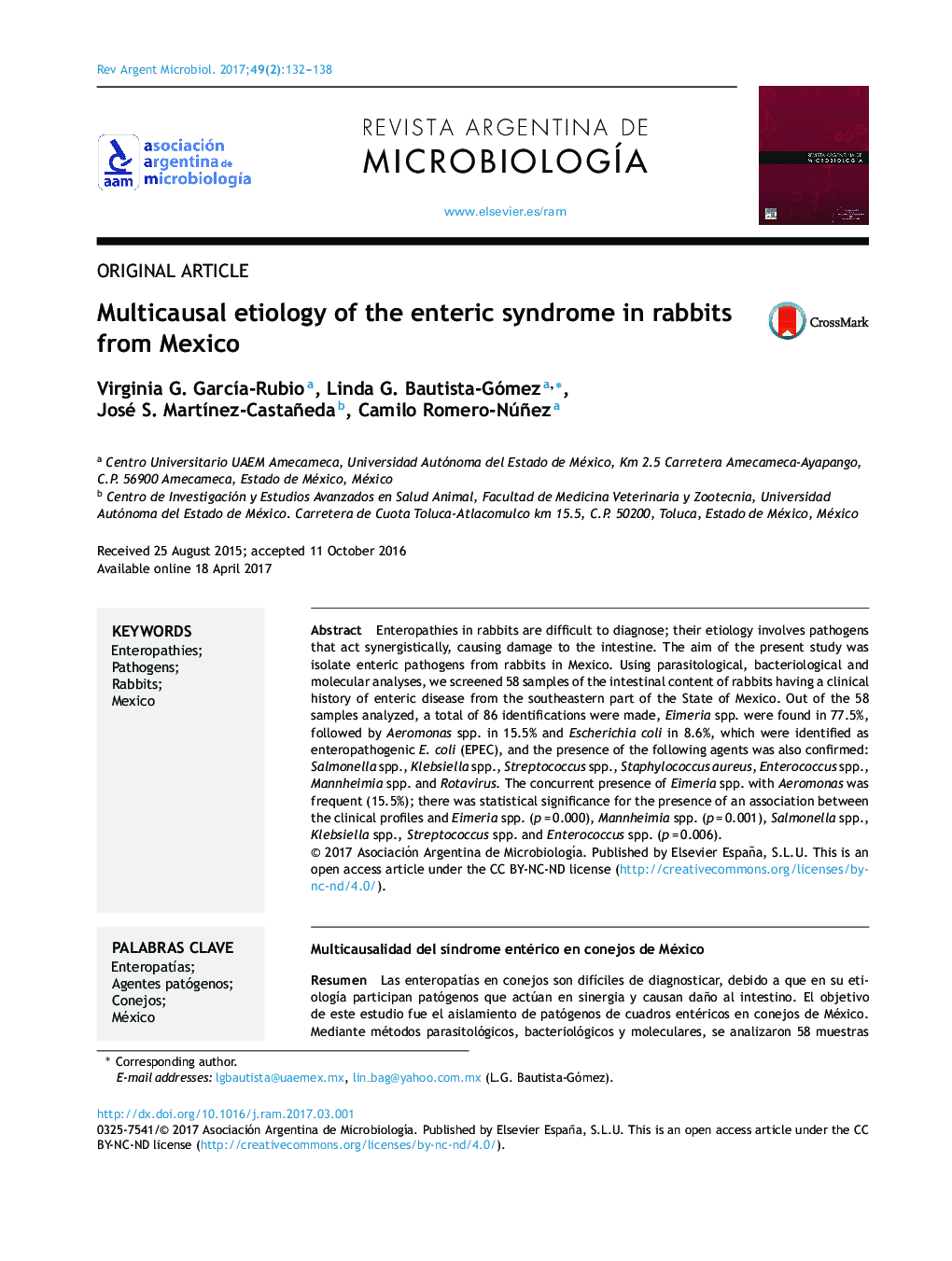 Multicausal etiology of the enteric syndrome in rabbits from Mexico