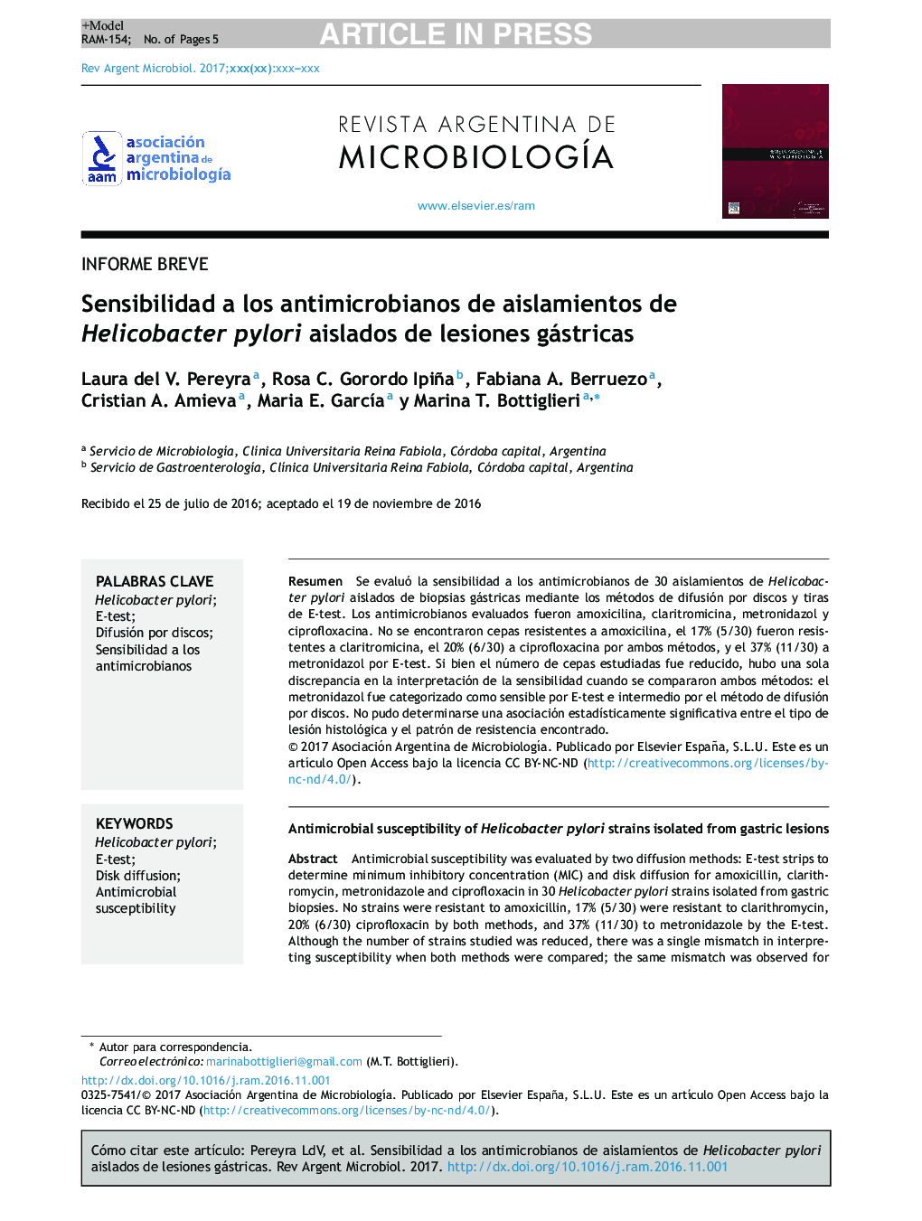 Sensibilidad a los antimicrobianos de aislamientos de Helicobacter pylori aislados de lesiones gástricas