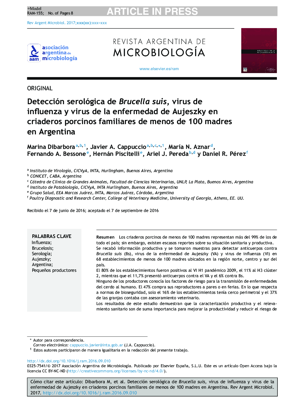 Detección serológica de Brucella suis, virus de influenza y virus de la enfermedad de Aujeszky en criaderos porcinos familiares de menos de 100 madres en Argentina