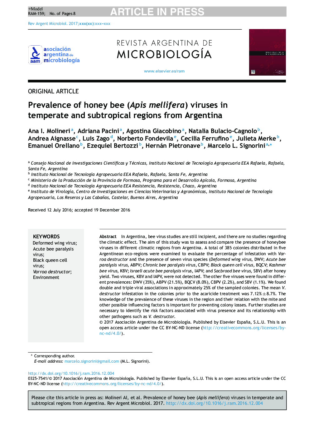 Prevalence of honey bee (Apis mellifera) viruses in temperate and subtropical regions from Argentina