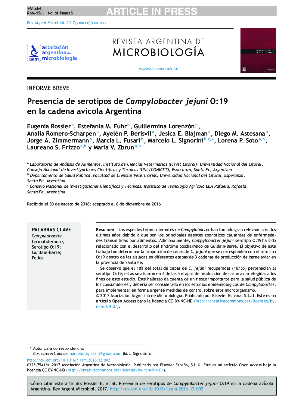 Presencia de serotipos de Campylobacter jejuni O:19 en la cadena avÃ­cola Argentina