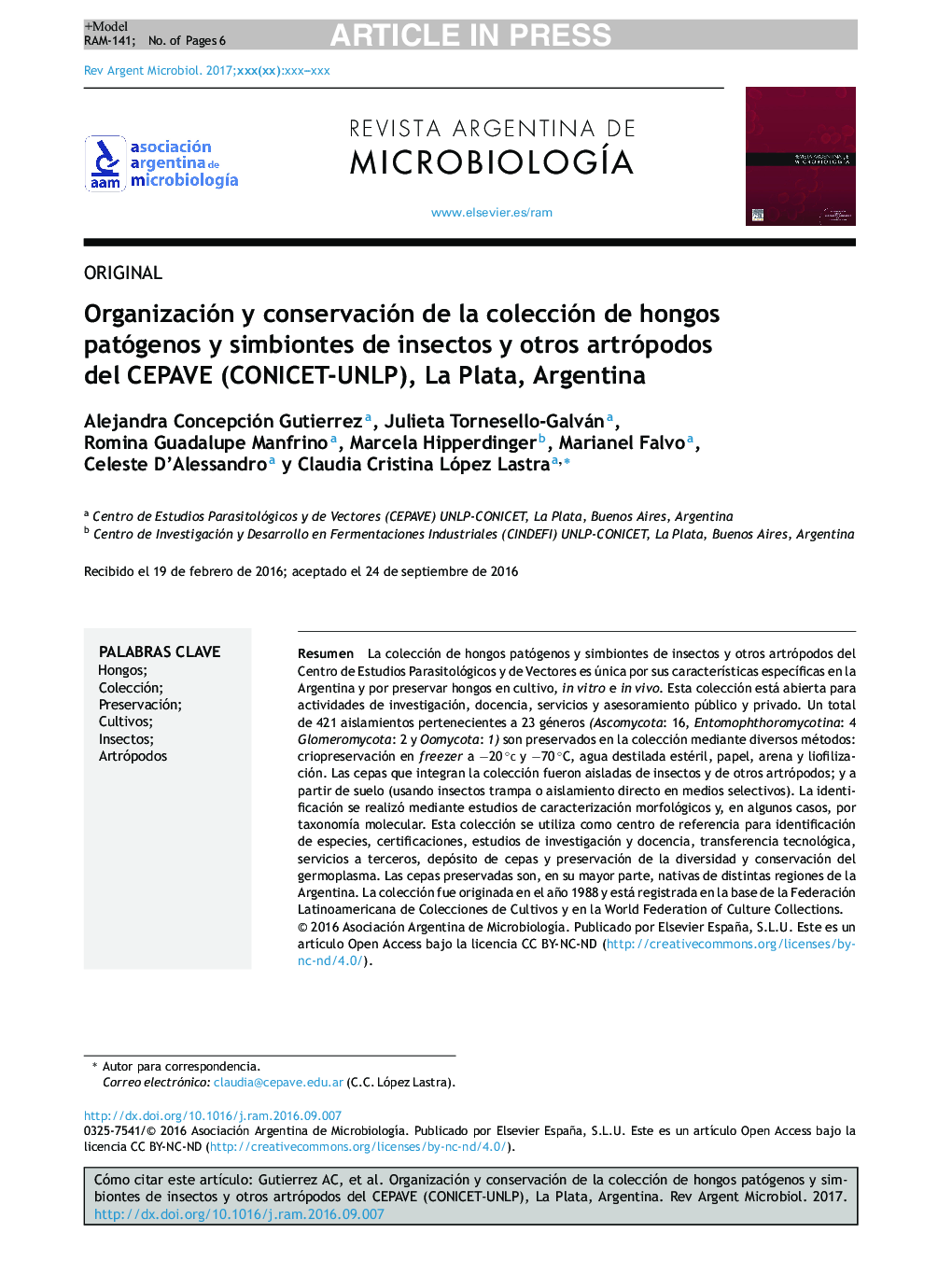 Organización y conservación de la colección de hongos patógenos y simbiontes de insectos y otros artrópodos del CEPAVE (CONICET-UNLP), La Plata, Argentina