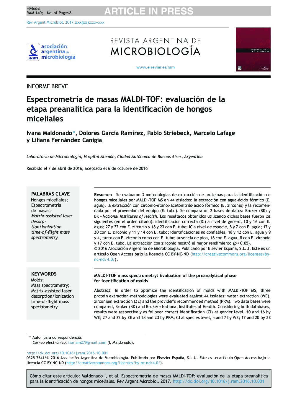 EspectrometrÃ­a de masas MALDI-TOF: evaluación de la etapa preanalÃ­tica para la identificación de hongos miceliales