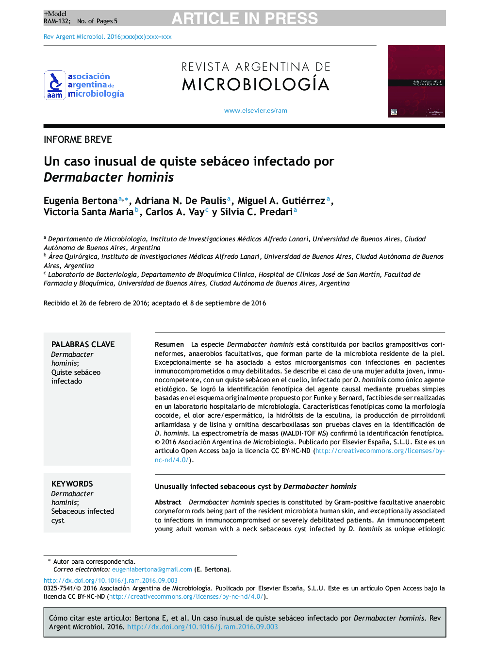 Un caso inusual de quiste sebáceo infectado por Dermabacter hominis