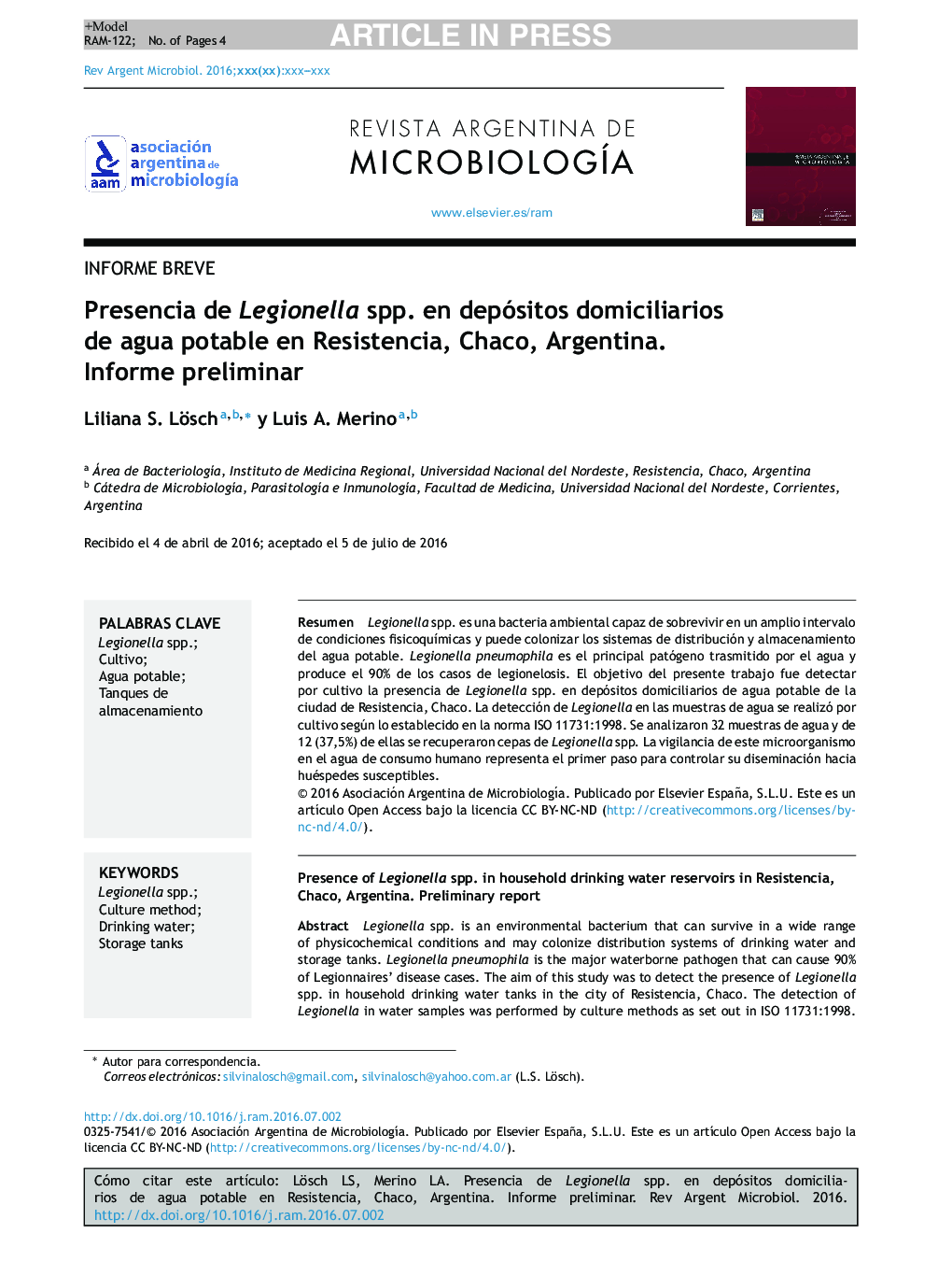 Presencia de Legionella spp. en depósitos domiciliarios de agua potable en Resistencia, Chaco, Argentina. Informe preliminar