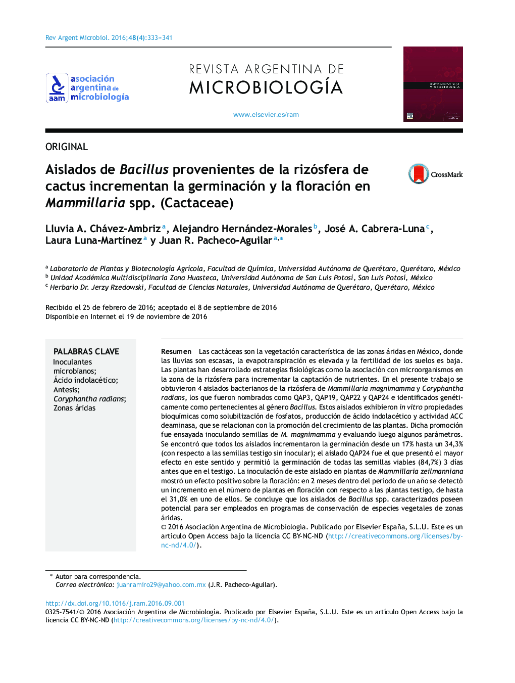 Aislados de Bacillus provenientes de la rizósfera de cactus incrementan la germinación y la floración en Mammillaria spp. (Cactaceae)