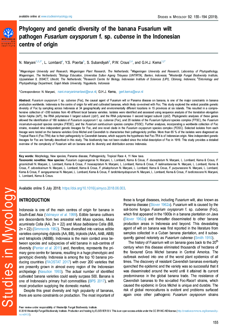 Phylogeny and genetic diversity of the banana Fusarium wilt pathogen Fusarium oxysporum f. sp. cubense in the Indonesian centre of origin