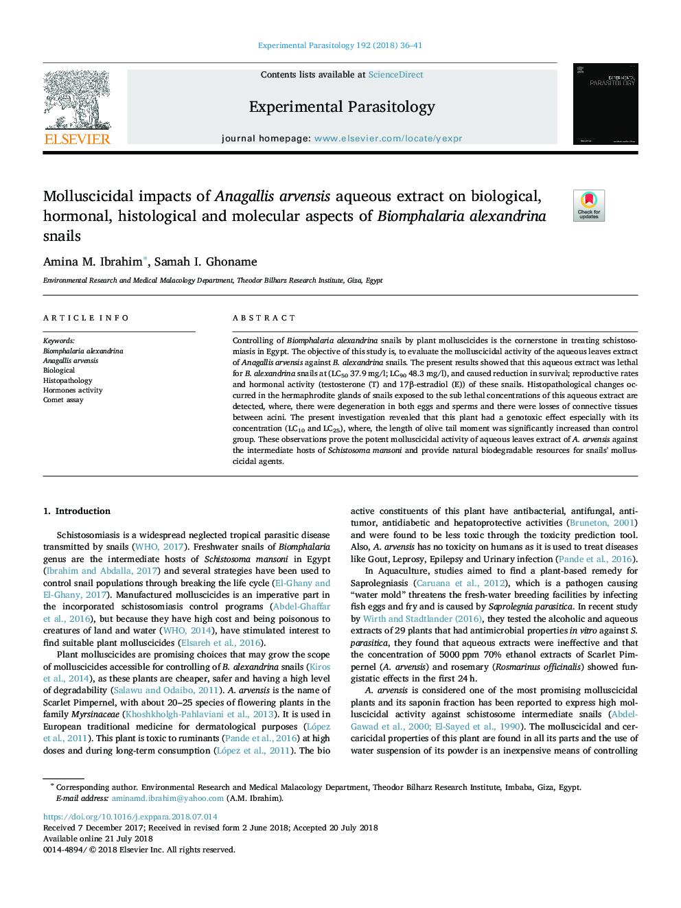 Molluscicidal impacts of Anagallis arvensis aqueous extract on biological, hormonal, histological and molecular aspects of Biomphalaria alexandrina snails