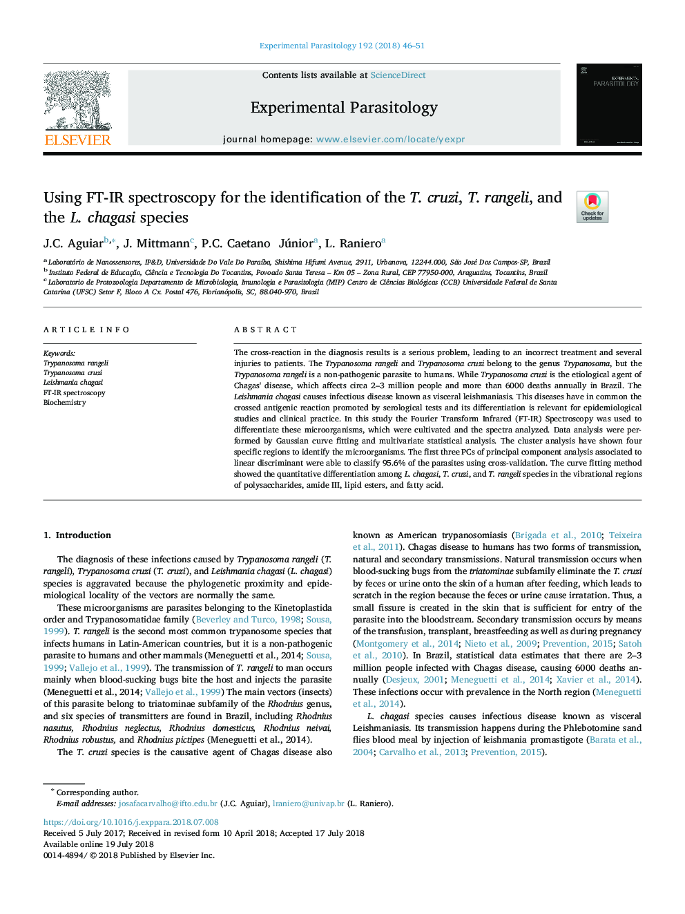 Using FT-IR spectroscopy for the identification of the T. cruzi, T. rangeli, and the L. chagasi species