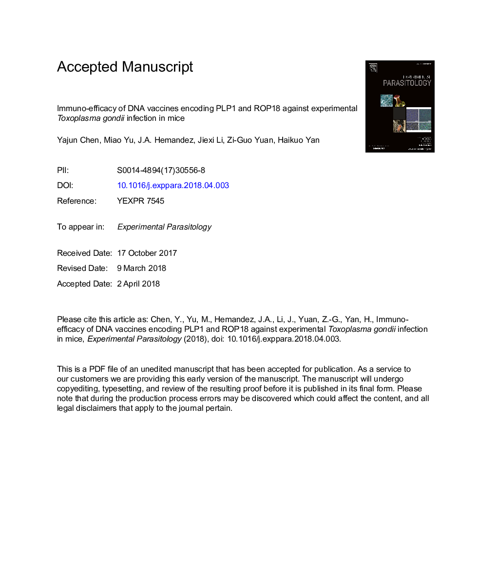 Immuno-efficacy of DNA vaccines encoding PLP1 and ROP18 against experimental Toxoplasma gondii infection in mice