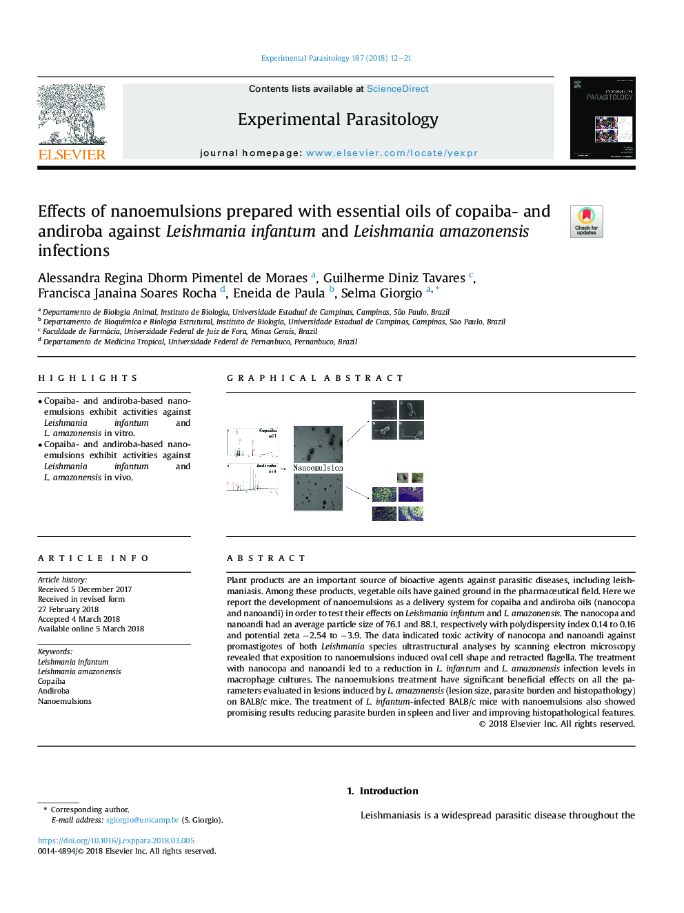 Effects of nanoemulsions prepared with essential oils of copaiba- and andiroba against Leishmania infantum and Leishmania amazonensis infections