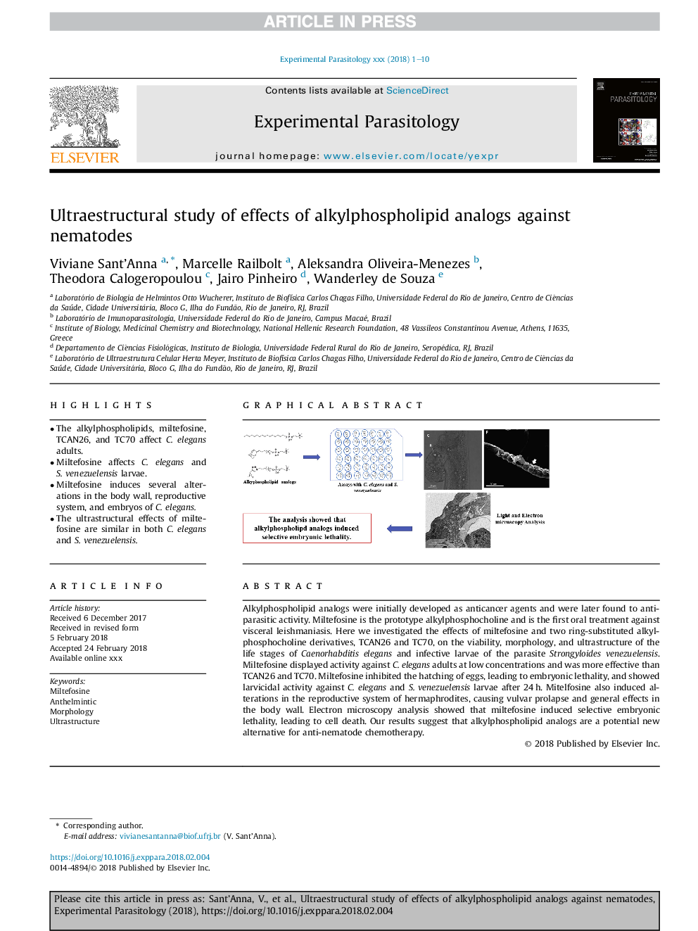 Ultraestructural study of effects of alkylphospholipid analogs against nematodes