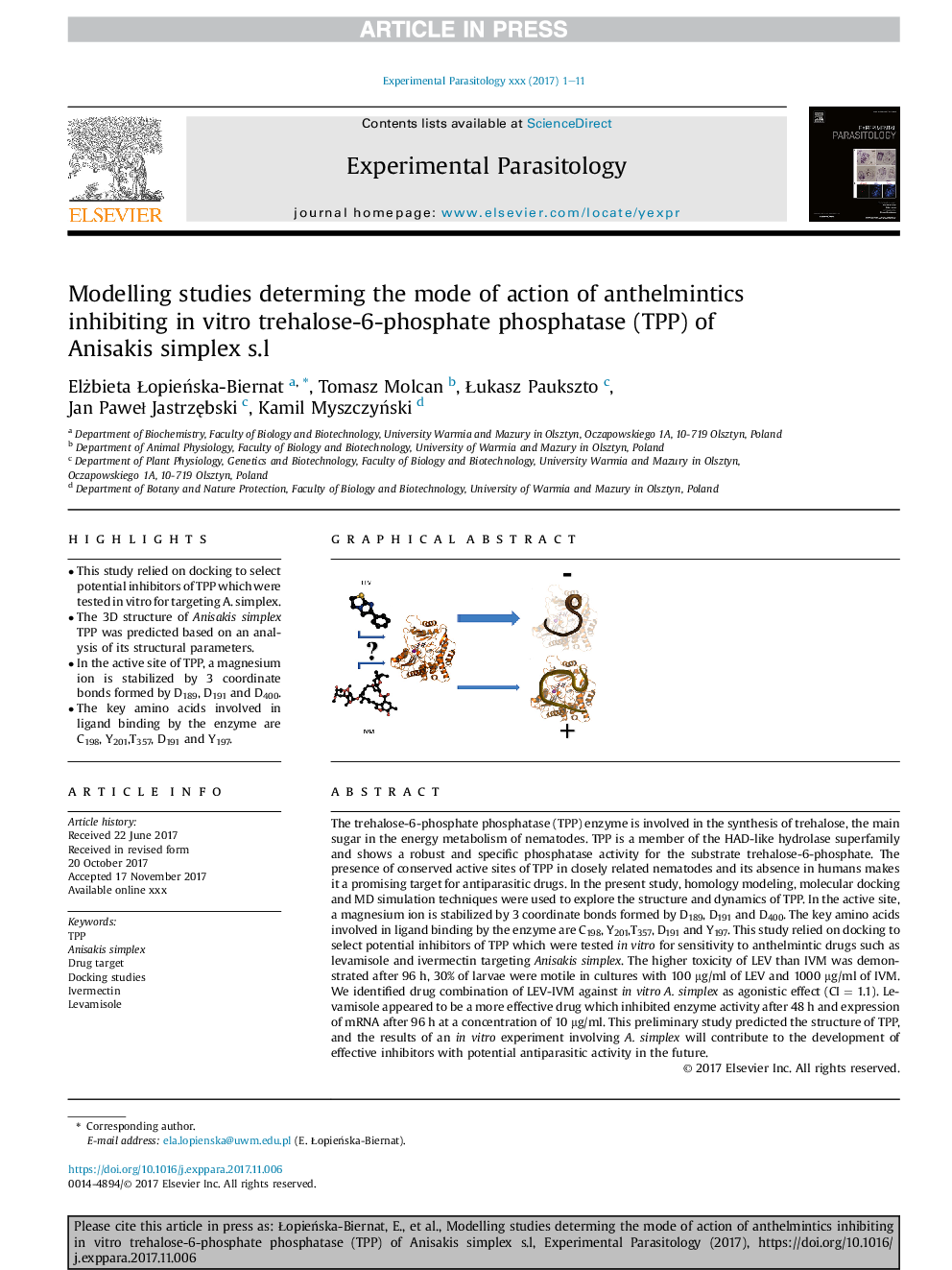 Modelling studies determing the mode of action of anthelmintics inhibiting inÂ vitro trehalose-6-phosphate phosphatase (TPP) of Anisakis simplex s.l