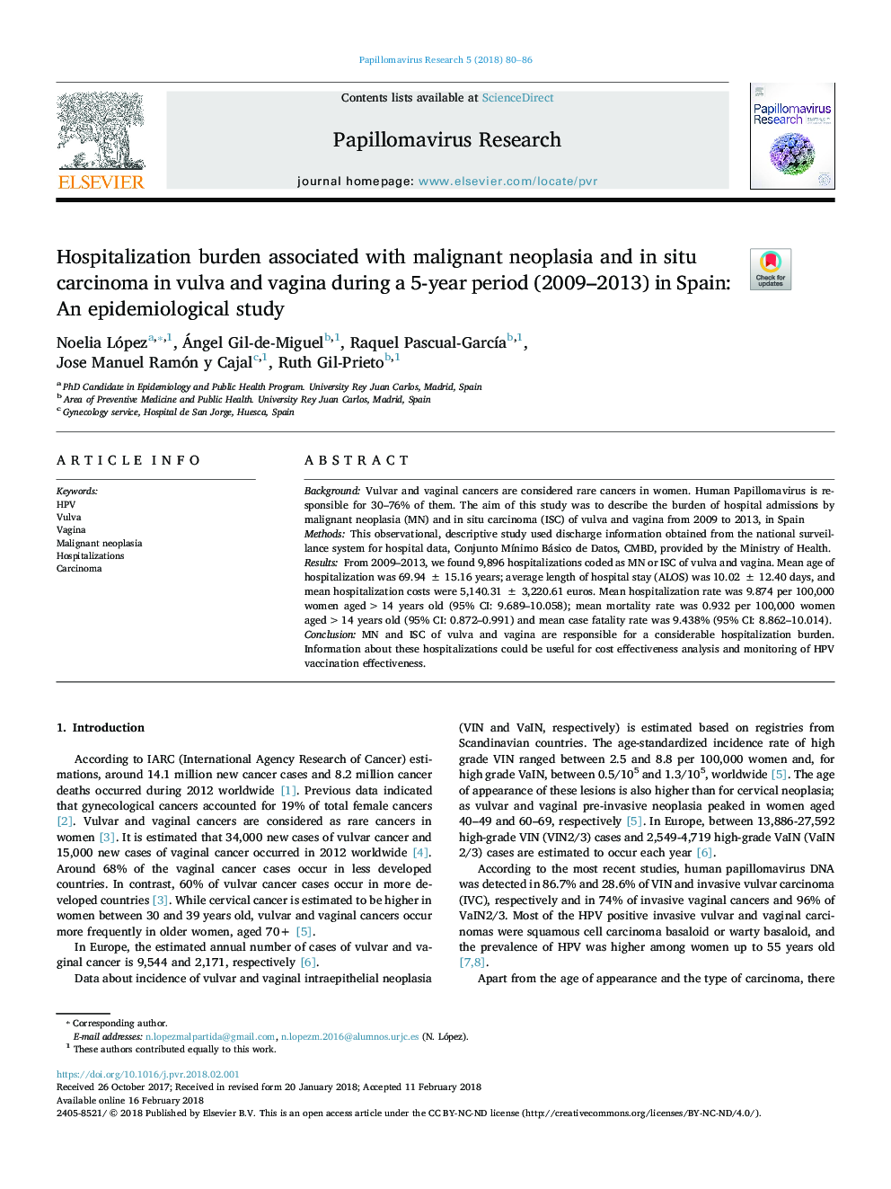 Hospitalization burden associated with malignant neoplasia and in situ carcinoma in vulva and vagina during a 5-year period (2009-2013) in Spain: An epidemiological study