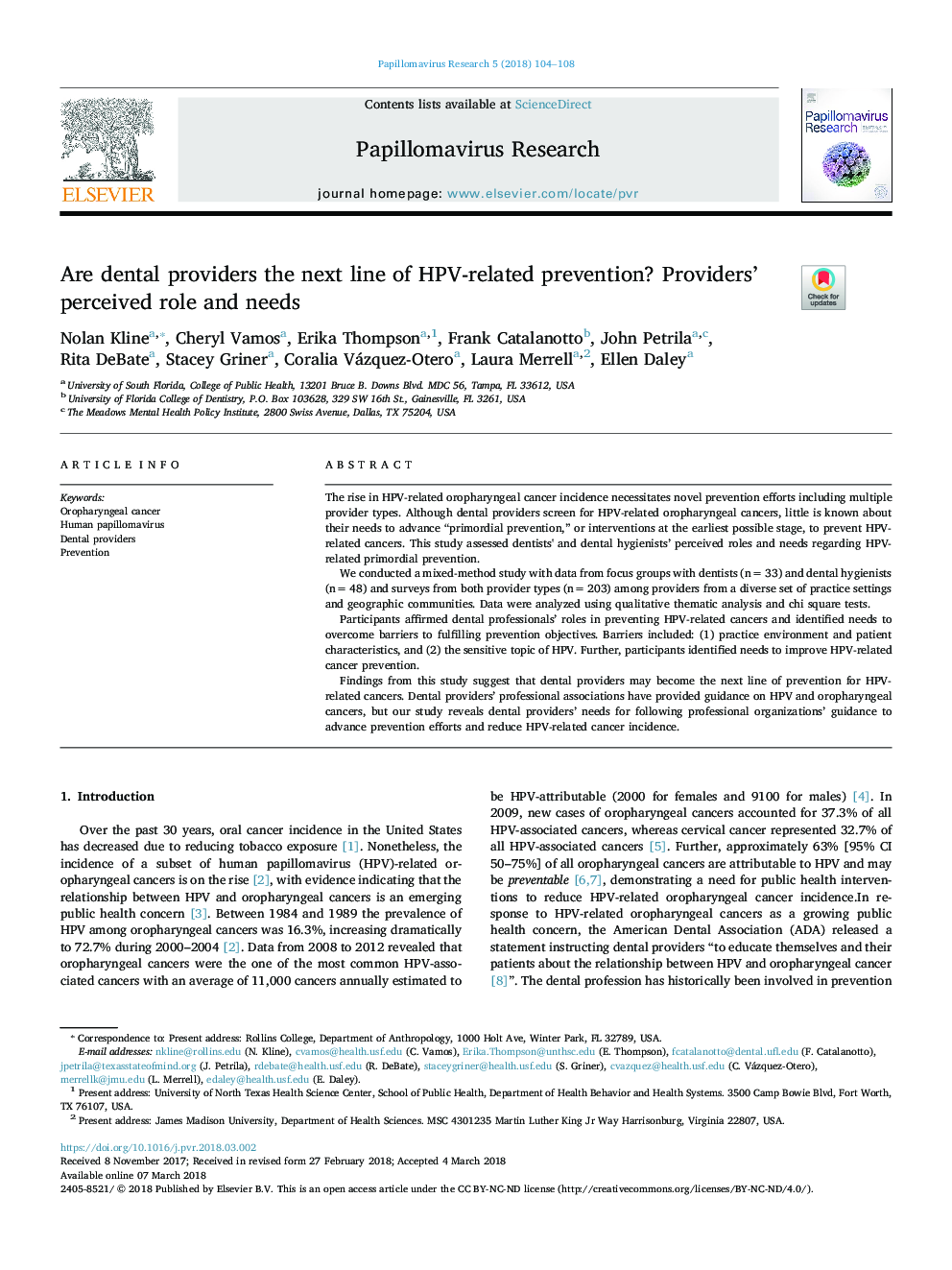 Are dental providers the next line of HPV-related prevention? Providers' perceived role and needs