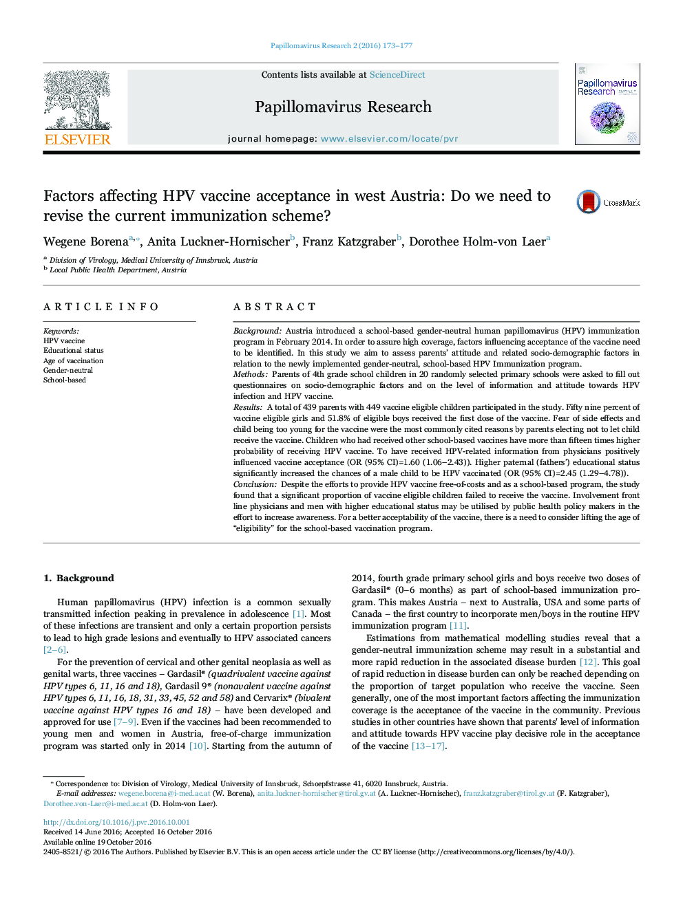 Factors affecting HPV vaccine acceptance in west Austria: Do we need to revise the current immunization scheme?