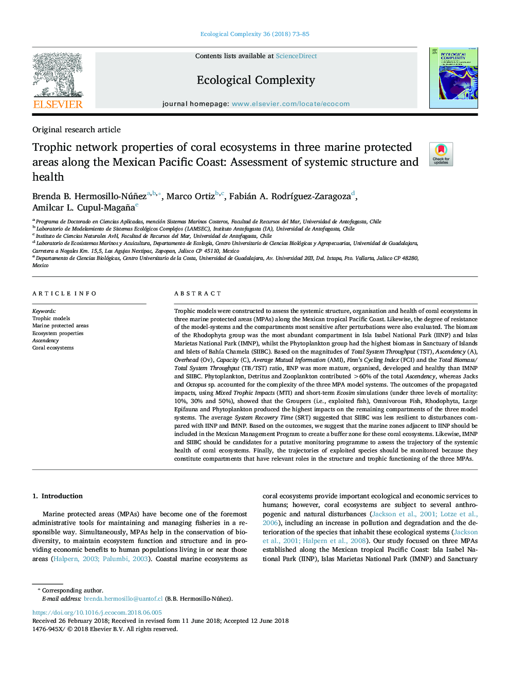 Trophic network properties of coral ecosystems in three marine protected areas along the Mexican Pacific Coast: Assessment of systemic structure and health