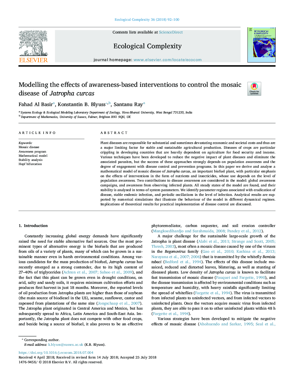 Modelling the effects of awareness-based interventions to control the mosaic disease of Jatropha curcas