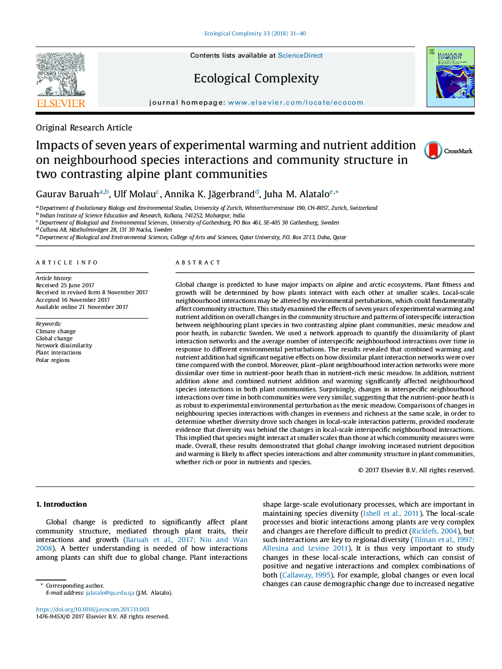 Impacts of seven years of experimental warming and nutrient addition on neighbourhood species interactions and community structure in two contrasting alpine plant communities