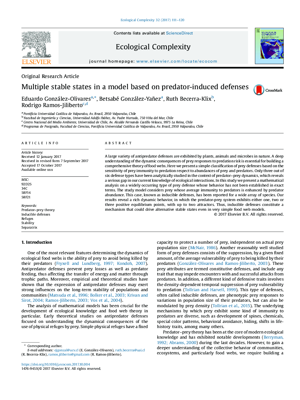 Multiple stable states in a model based on predator-induced defenses