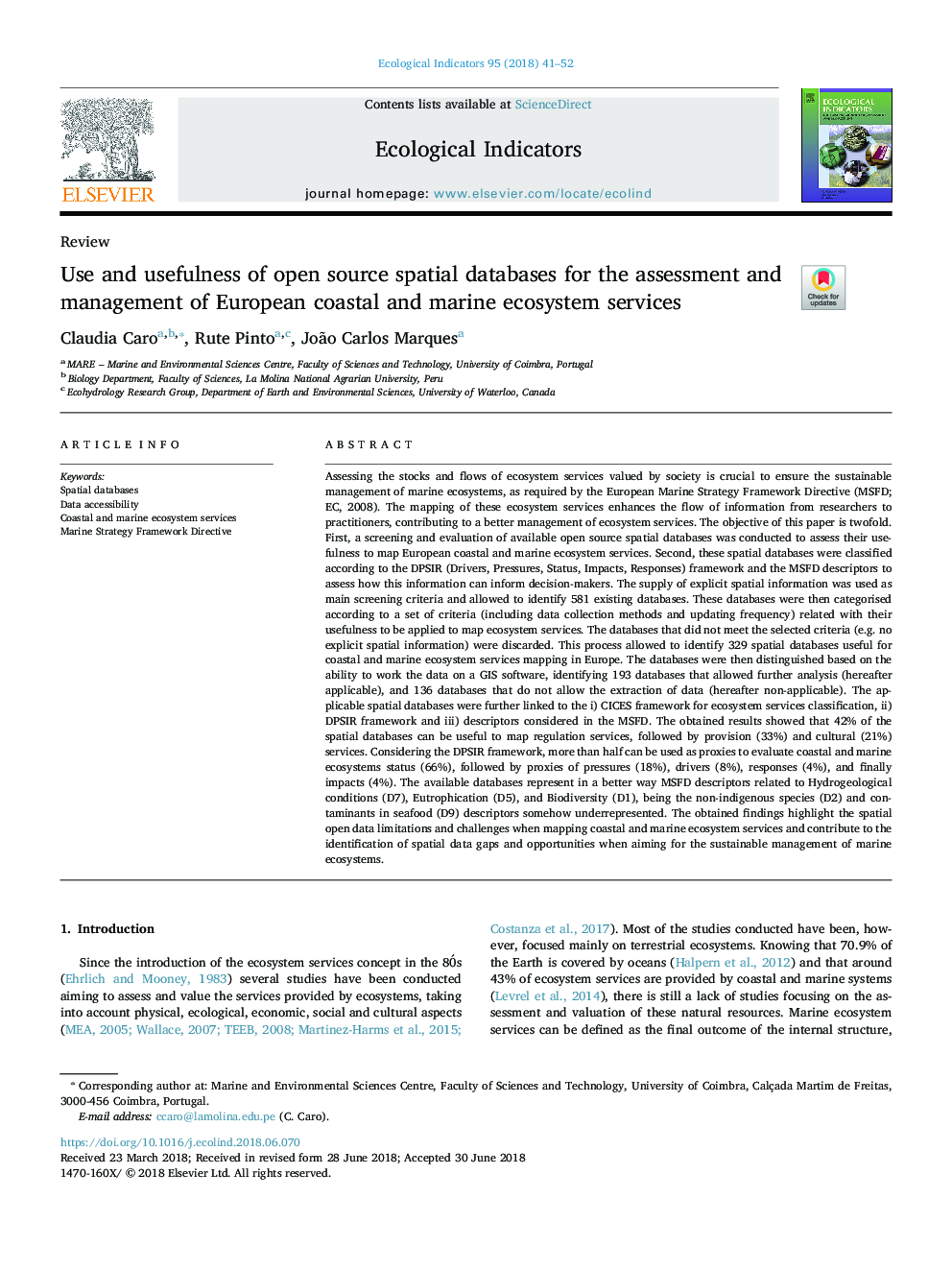 Use and usefulness of open source spatial databases for the assessment and management of European coastal and marine ecosystem services