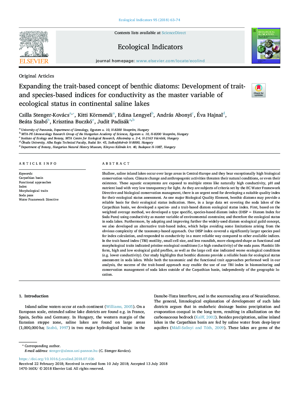 Expanding the trait-based concept of benthic diatoms: Development of trait- and species-based indices for conductivity as the master variable of ecological status in continental saline lakes