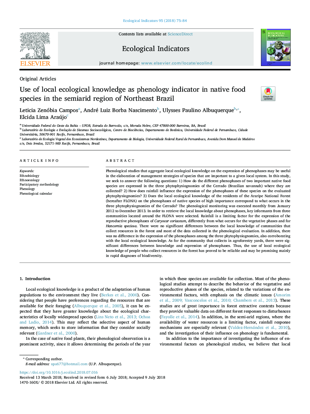 Use of local ecological knowledge as phenology indicator in native food species in the semiarid region of Northeast Brazil