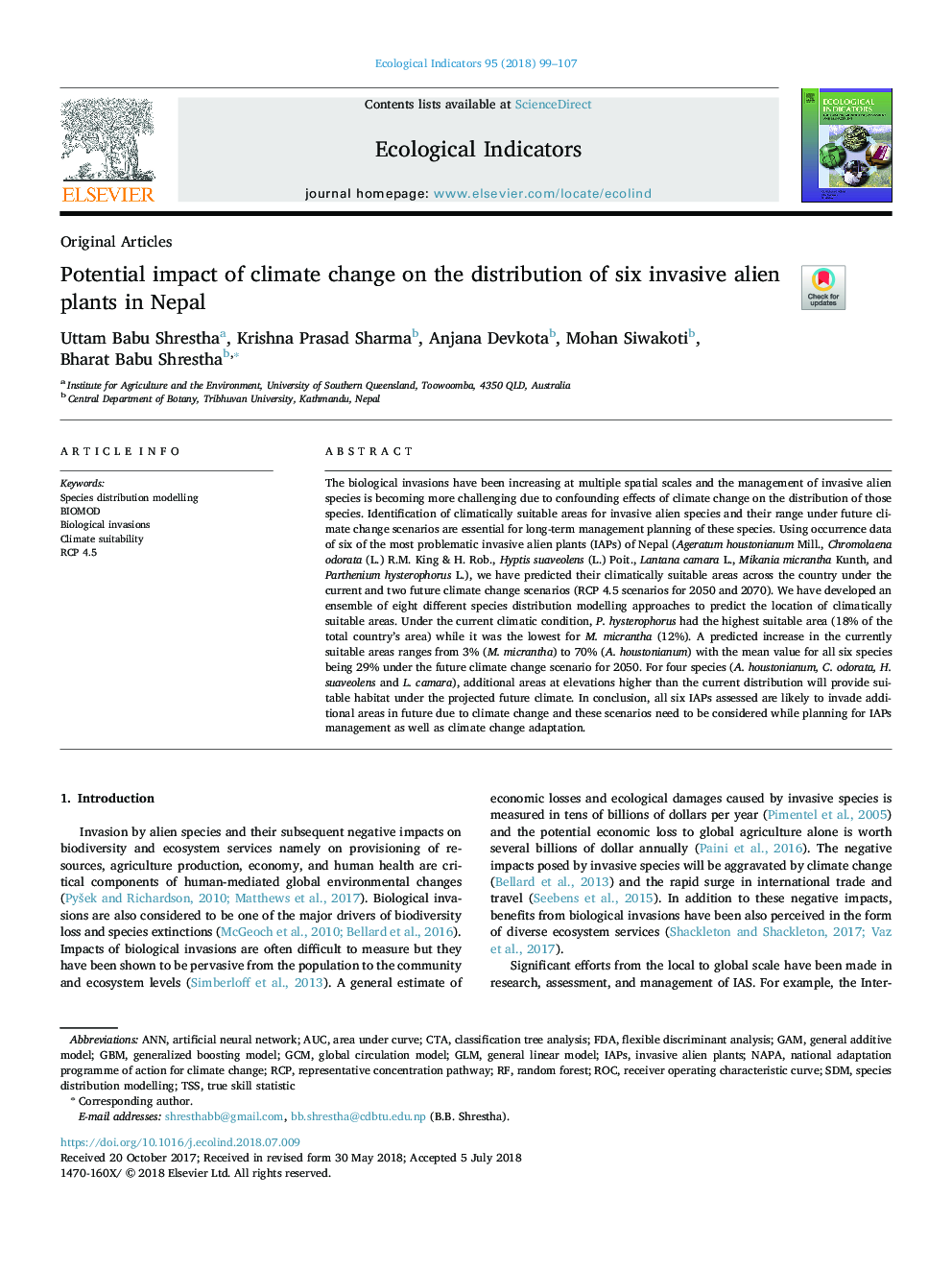 Potential impact of climate change on the distribution of six invasive alien plants in Nepal