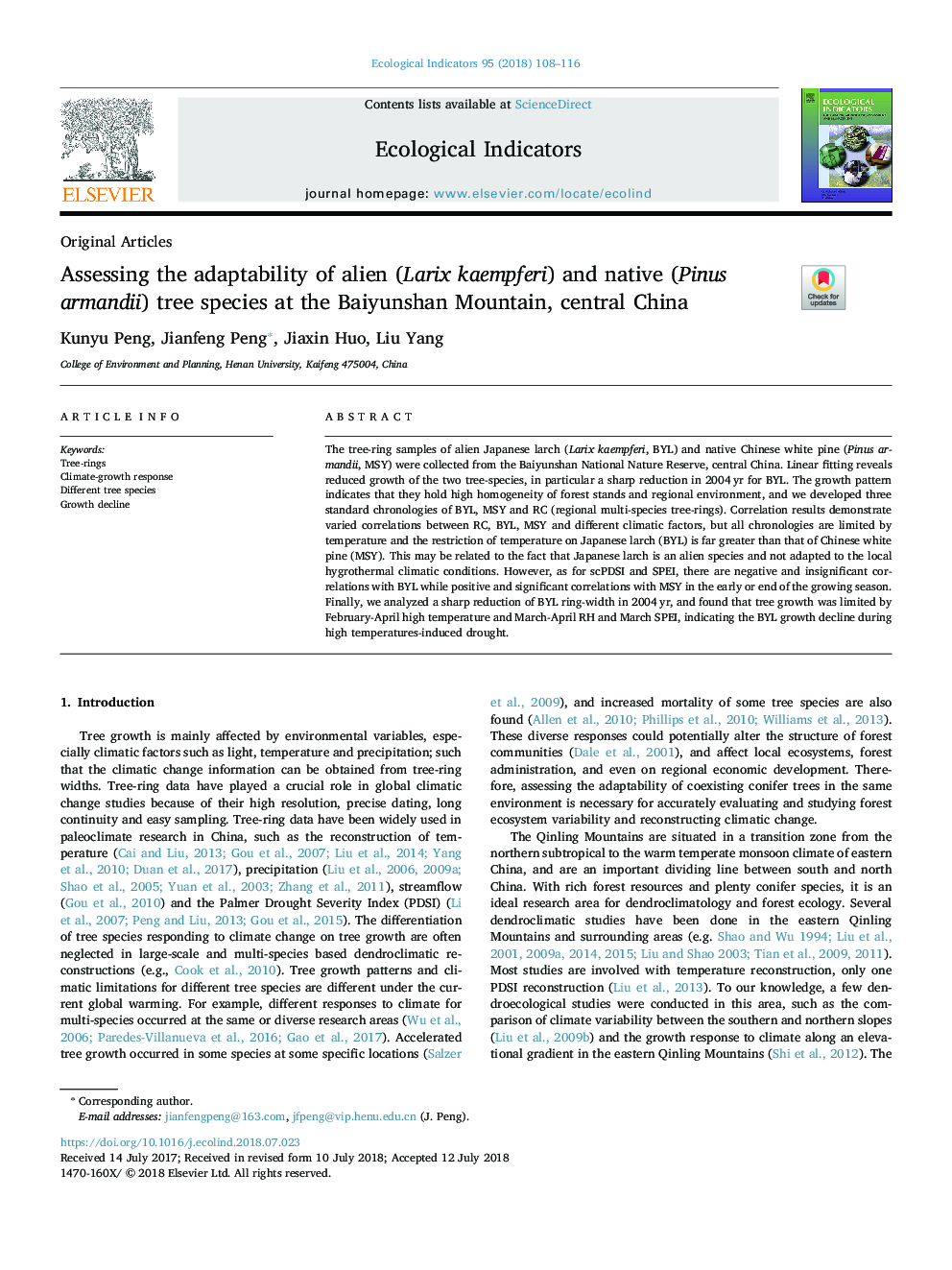 Assessing the adaptability of alien (Larix kaempferi) and native (Pinus armandii) tree species at the Baiyunshan Mountain, central China