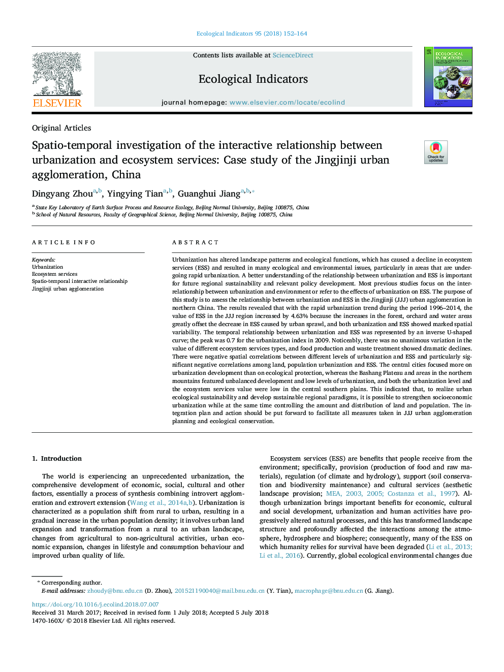 Spatio-temporal investigation of the interactive relationship between urbanization and ecosystem services: Case study of the Jingjinji urban agglomeration, China