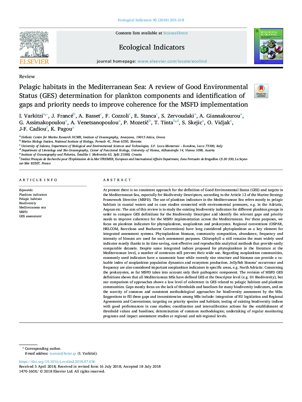 Pelagic habitats in the Mediterranean Sea: A review of Good Environmental Status (GES) determination for plankton components and identification of gaps and priority needs to improve coherence for the MSFD implementation