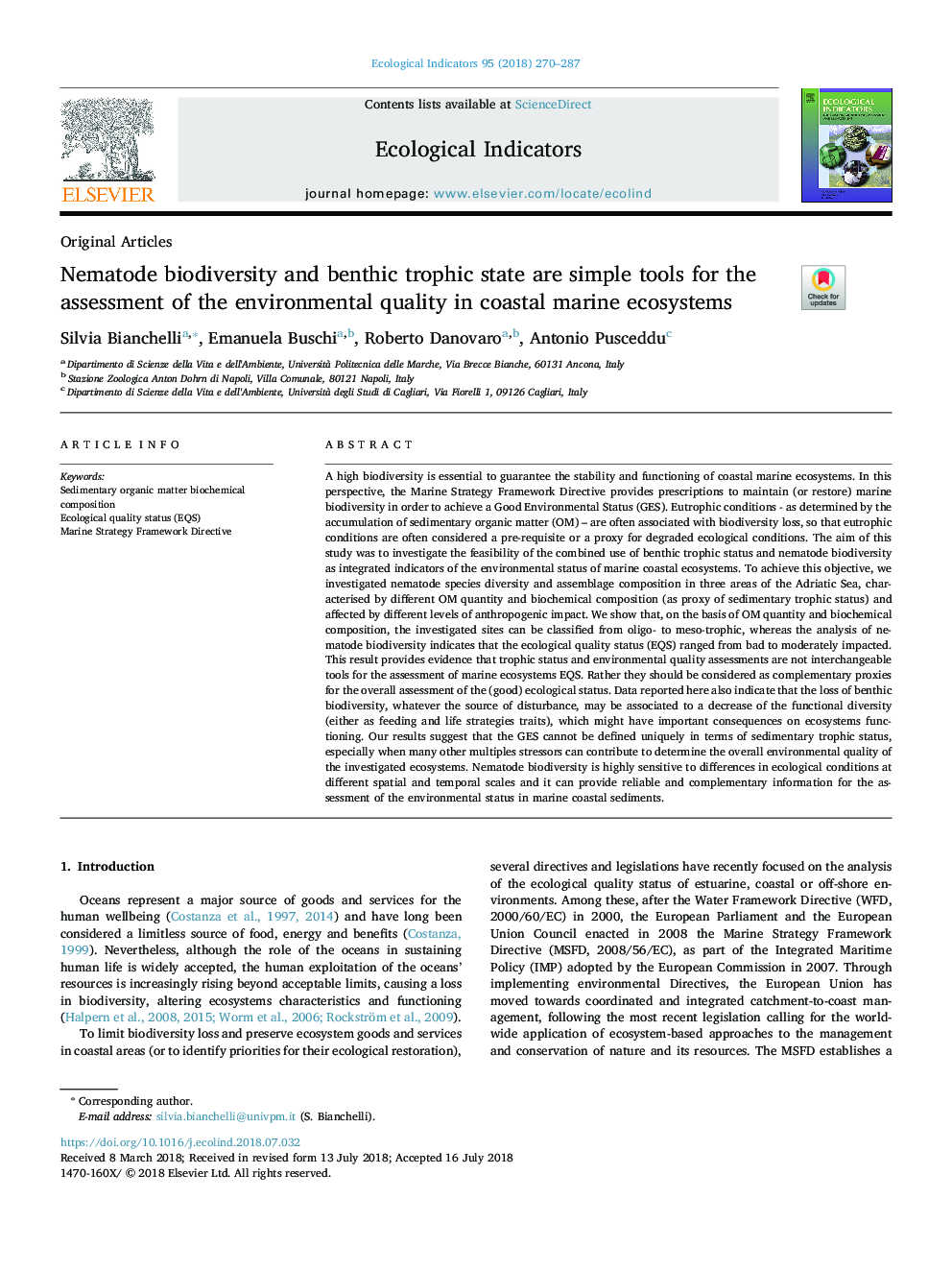 Nematode biodiversity and benthic trophic state are simple tools for the assessment of the environmental quality in coastal marine ecosystems