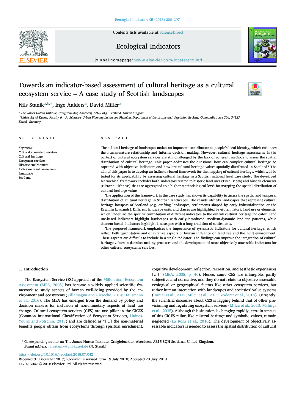 Towards an indicator-based assessment of cultural heritage as a cultural ecosystem service - A case study of Scottish landscapes