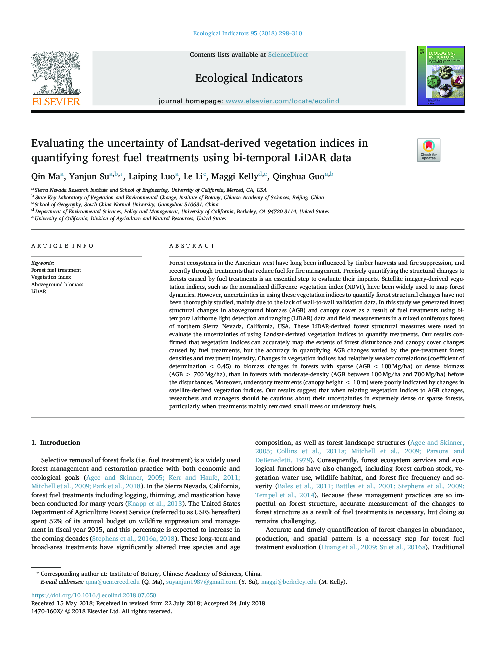 Evaluating the uncertainty of Landsat-derived vegetation indices in quantifying forest fuel treatments using bi-temporal LiDAR data