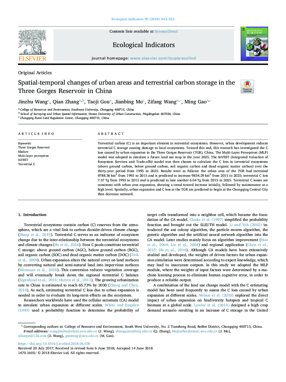 Spatial-temporal changes of urban areas and terrestrial carbon storage in the Three Gorges Reservoir in China