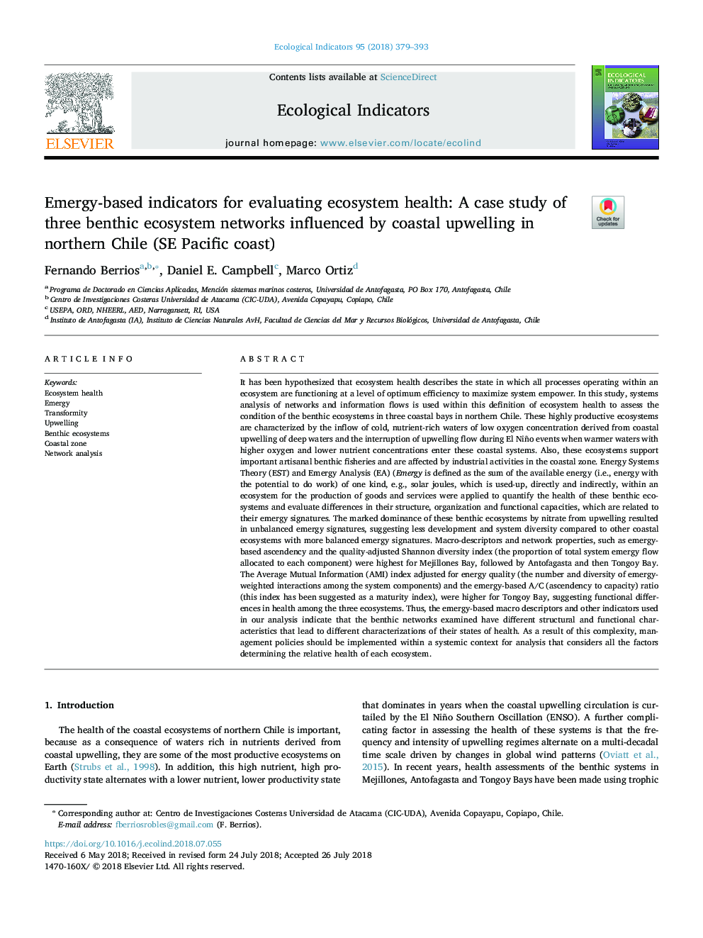 شاخص های مبتنی بر ایمنی برای ارزیابی سلامت اکوسیستم: مطالعه موردی از سه شبکه اکوسیستم بنتونیک تحت تأثیر آپولون ساحلی در شمال شیلی (ساحل دریای اقیانوس آرام) 