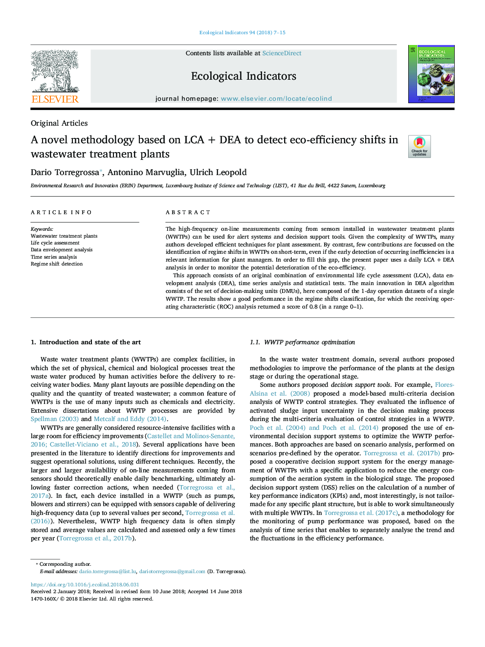 A novel methodology based on LCAâ¯+â¯DEA to detect eco-efficiency shifts in wastewater treatment plants