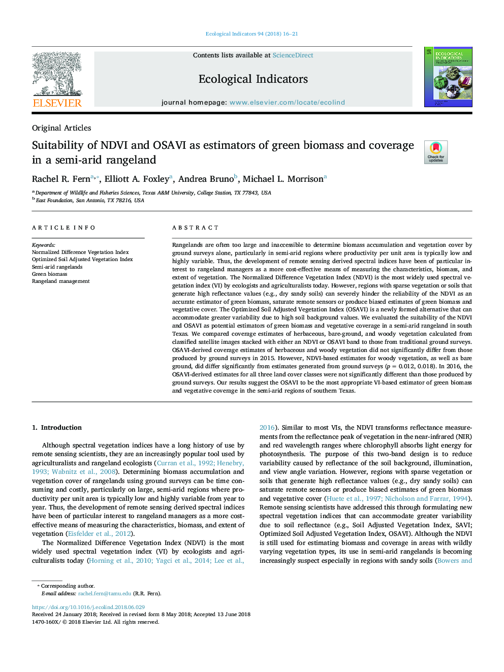 Suitability of NDVI and OSAVI as estimators of green biomass and coverage in a semi-arid rangeland