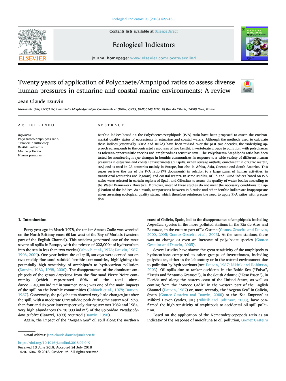 Twenty years of application of Polychaete/Amphipod ratios to assess diverse human pressures in estuarine and coastal marine environments: A review