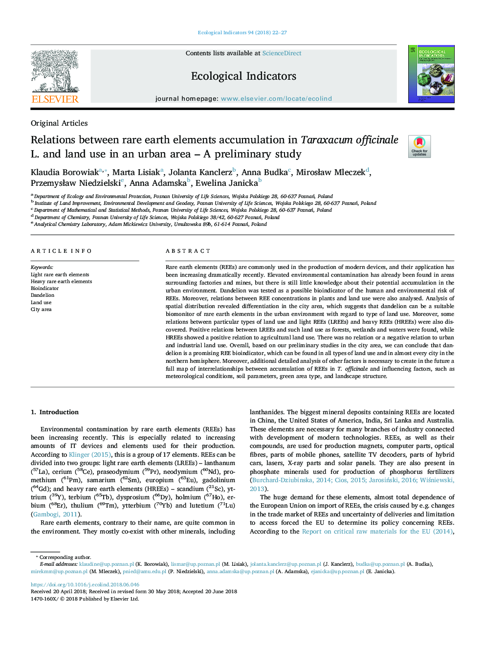 Relations between rare earth elements accumulation in Taraxacum officinale L. and land use in an urban area - A preliminary study