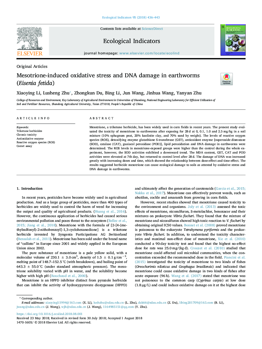 Mesotrione-induced oxidative stress and DNA damage in earthworms (Eisenia fetida)