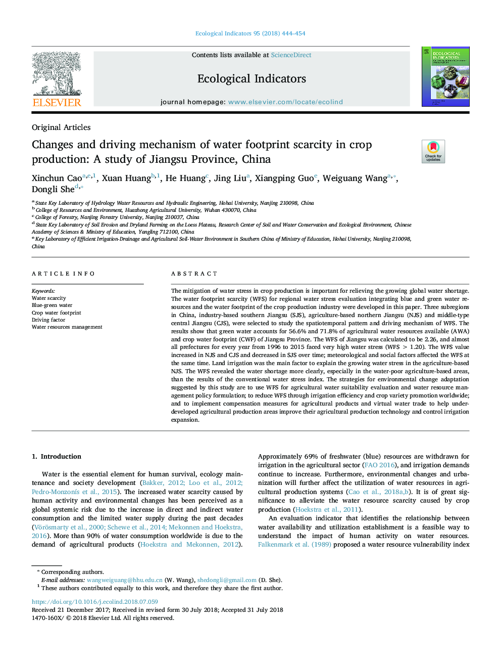 Changes and driving mechanism of water footprint scarcity in crop production: A study of Jiangsu Province, China