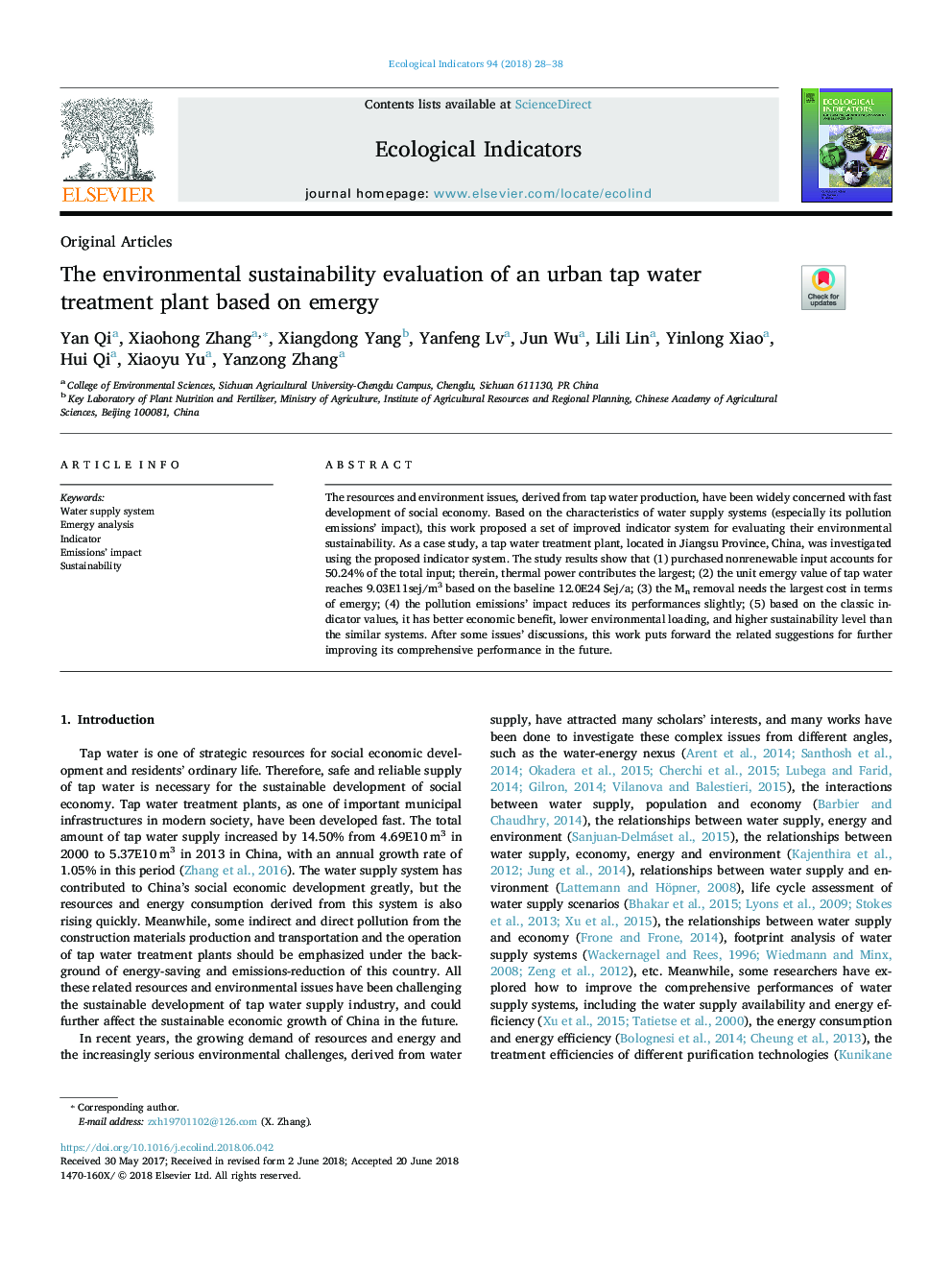 The environmental sustainability evaluation of an urban tap water treatment plant based on emergy