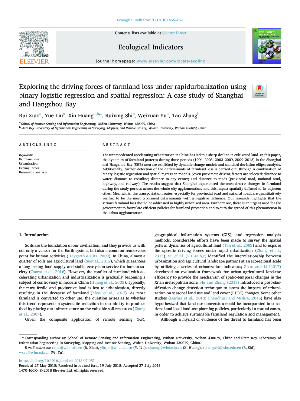 Exploring the driving forces of farmland loss under rapidurbanization using binary logistic regression and spatial regression: A case study of Shanghai and Hangzhou Bay