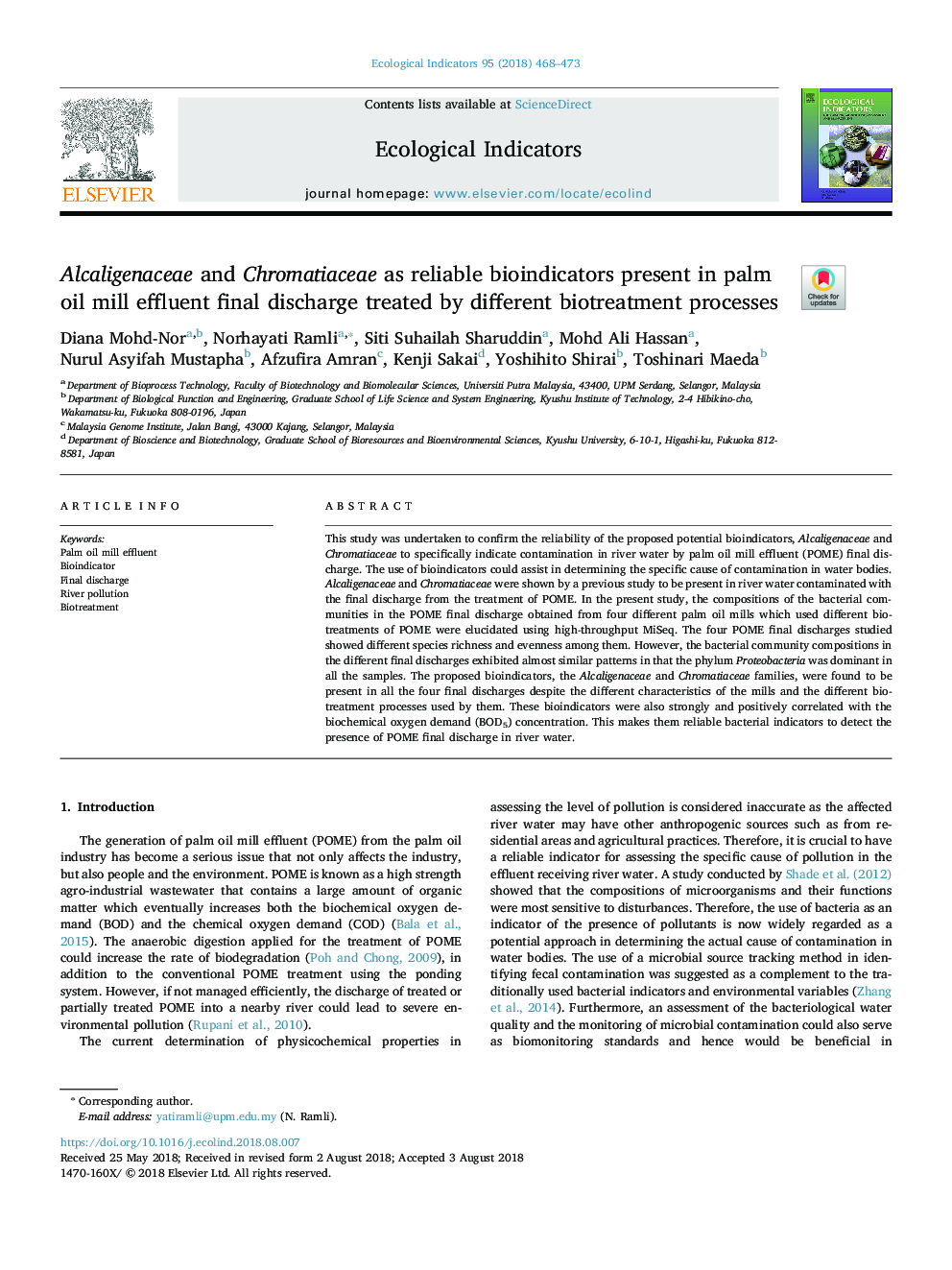 Alcaligenaceae and Chromatiaceae as reliable bioindicators present in palm oil mill effluent final discharge treated by different biotreatment processes