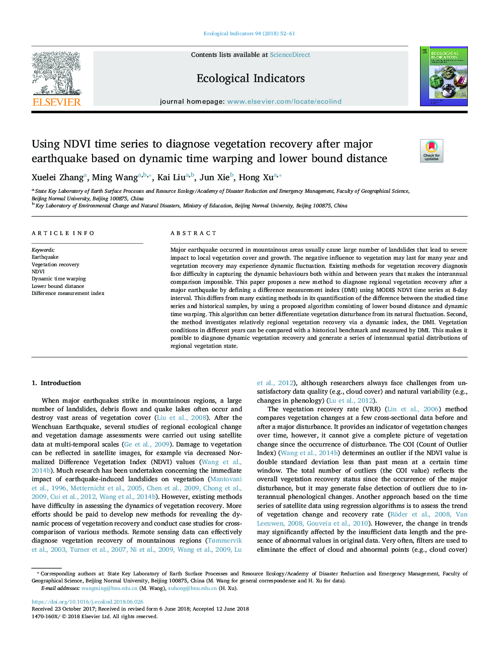 Using NDVI time series to diagnose vegetation recovery after major earthquake based on dynamic time warping and lower bound distance