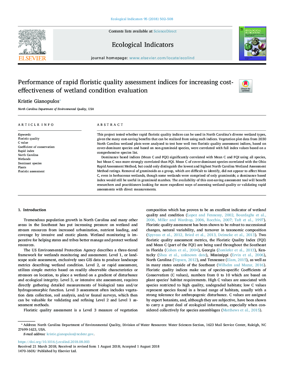 Performance of rapid floristic quality assessment indices for increasing cost-effectiveness of wetland condition evaluation