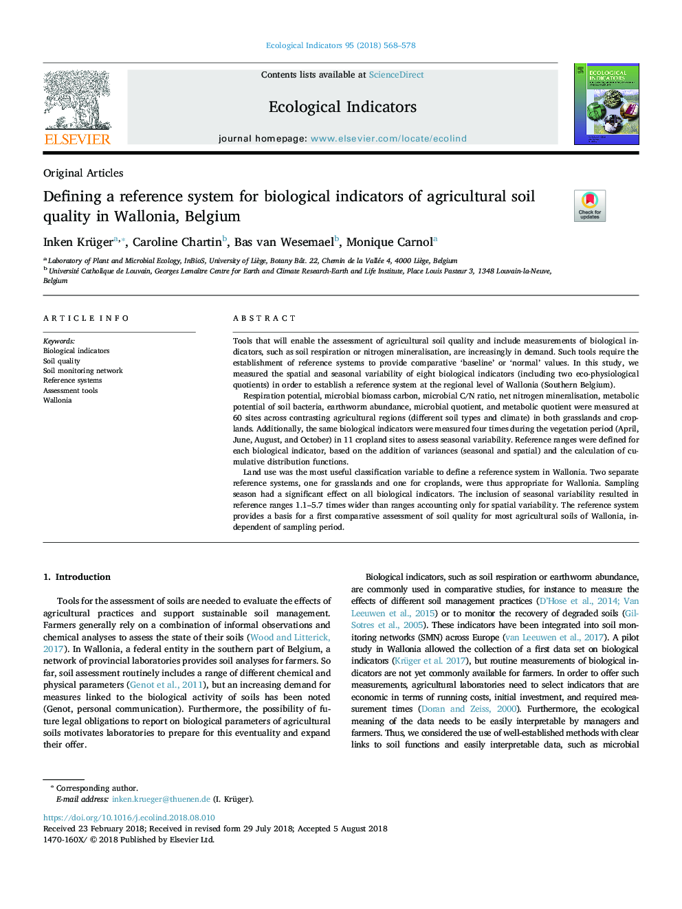 Defining a reference system for biological indicators of agricultural soil quality in Wallonia, Belgium