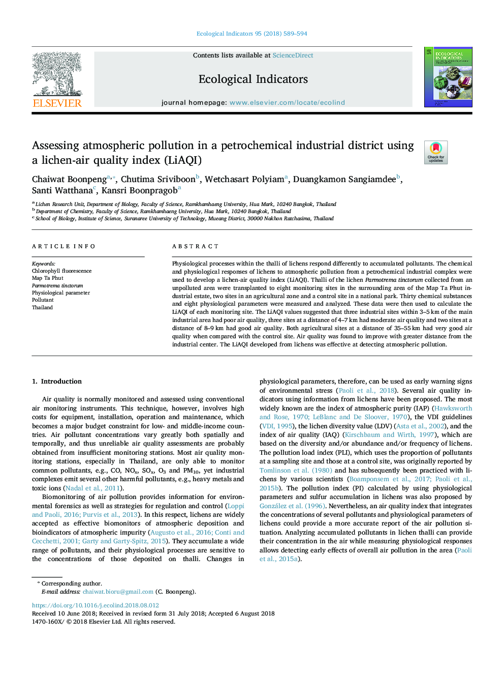 Assessing atmospheric pollution in a petrochemical industrial district using a lichen-air quality index (LiAQI)